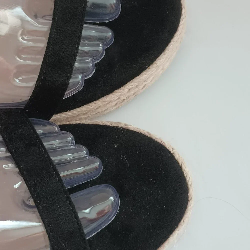 Makegsi Black Strappy Wedge Sandals 9 Open Toe Ankle Strap Faux Suede Shoe